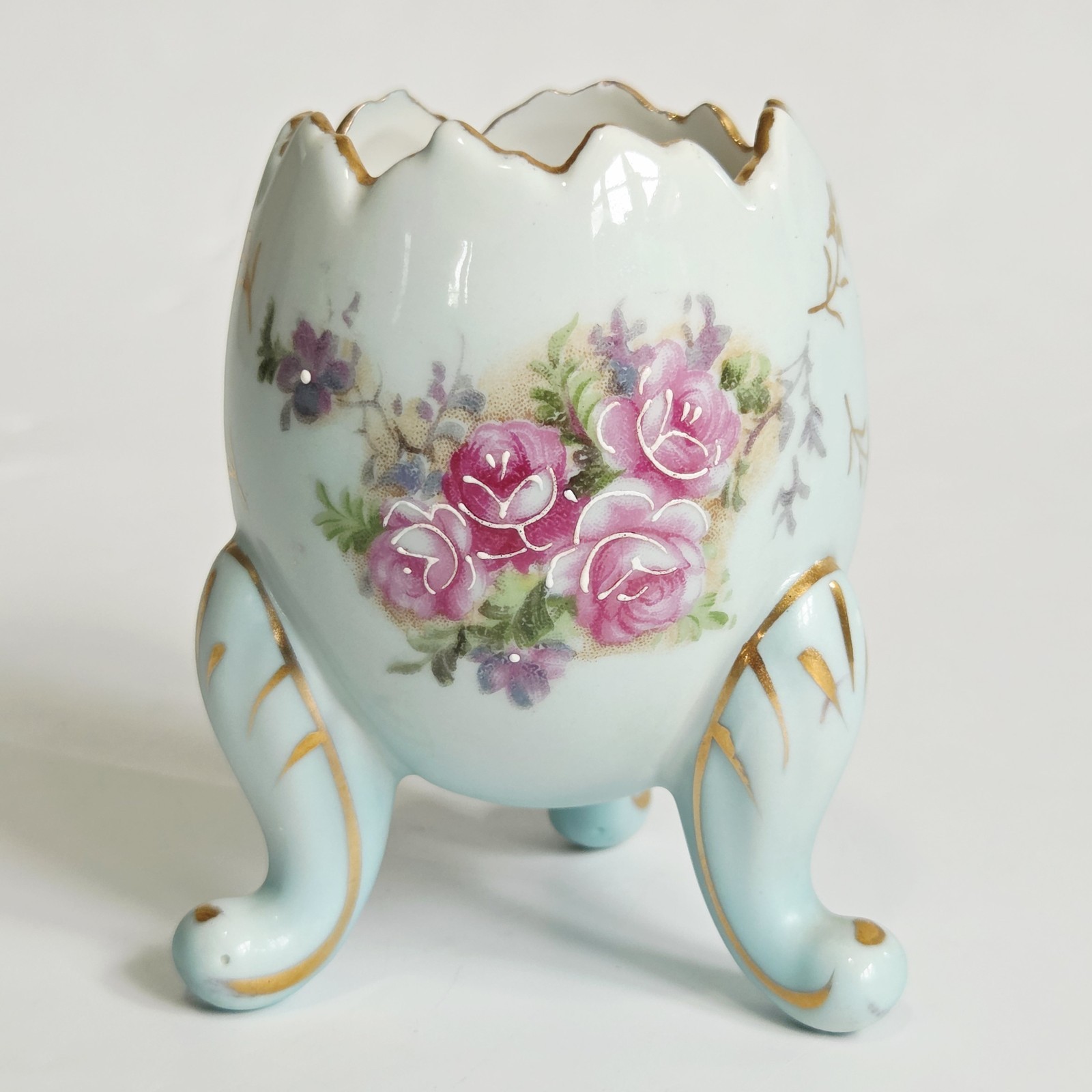 Inarco Cracked Egg Vase Light Blue Porcelain Handpainted Roses Vtg 1962 Japan 4\