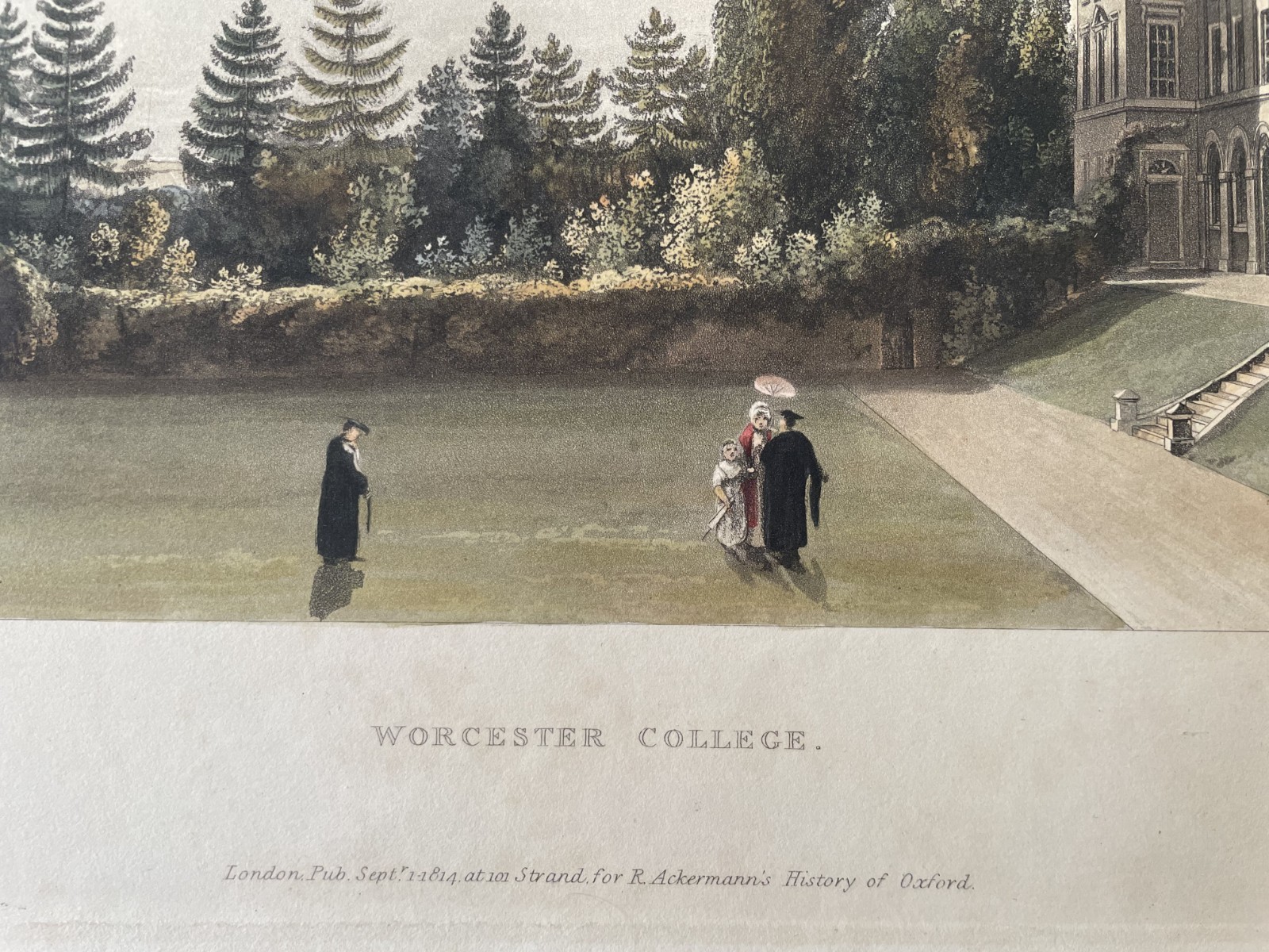 Original 1814 Ackermann\'s Oxford University Worcester College etching print