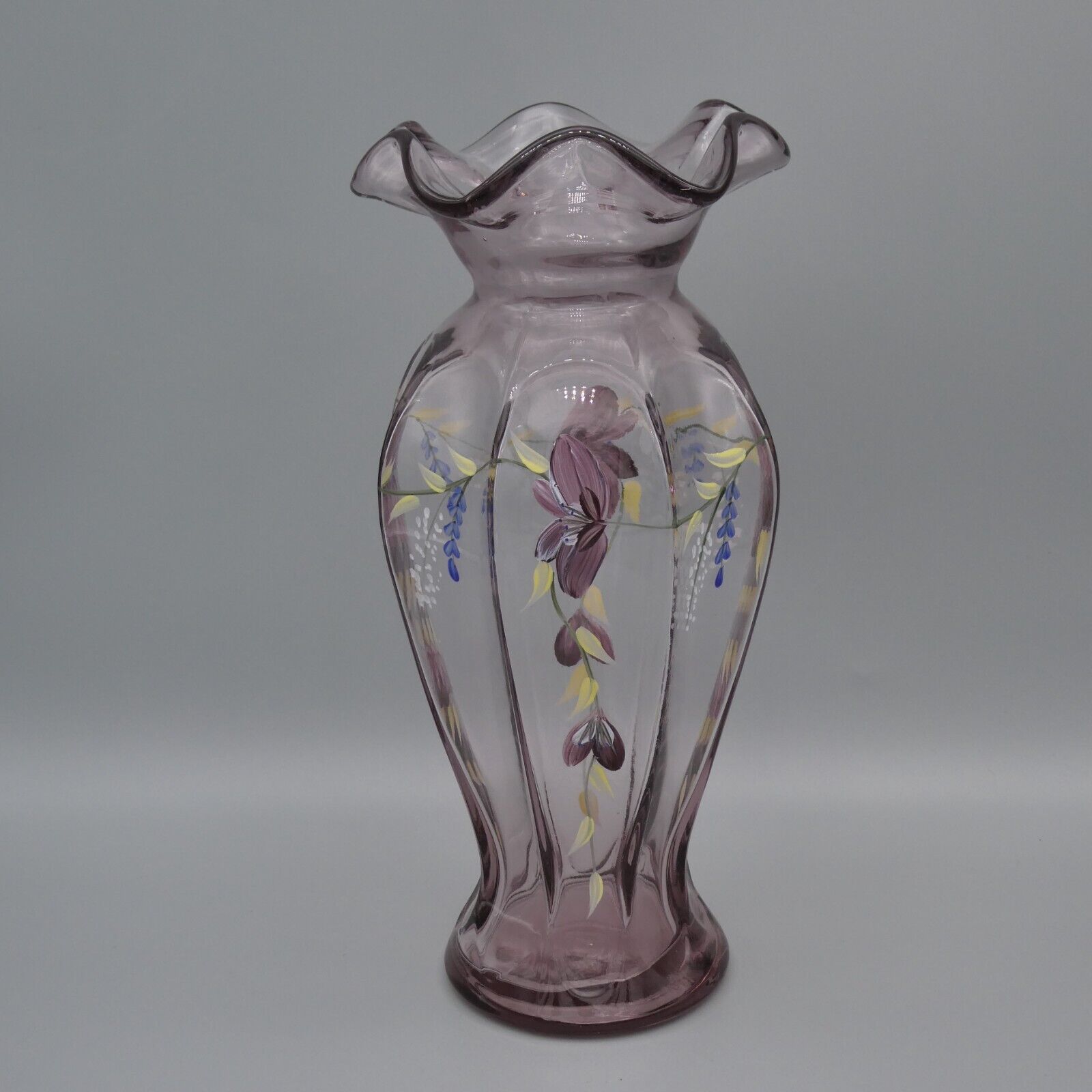 Floral Vine Purple Art Glass Vase Ruffle Fluted Handpainted Flower Amethyst 9.5\