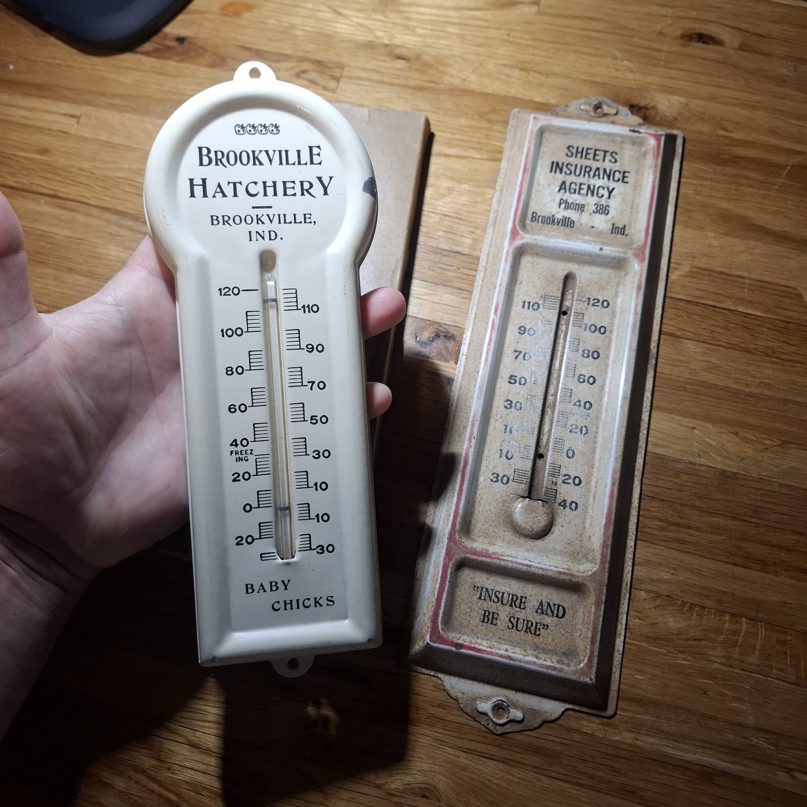Vintage metal Brookville indiana thermometer lot Baby chicks Hatchery Sheets 