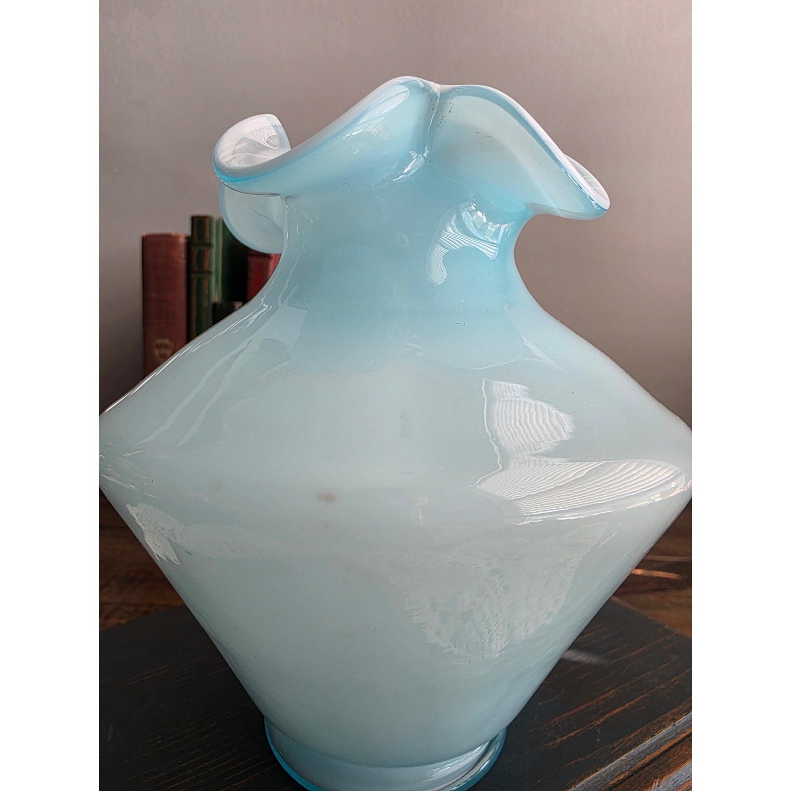 Rare Vintage Fenton Powder Blue Overlay Cased Glass Tri-Crimp Ruffled Vase 1940s