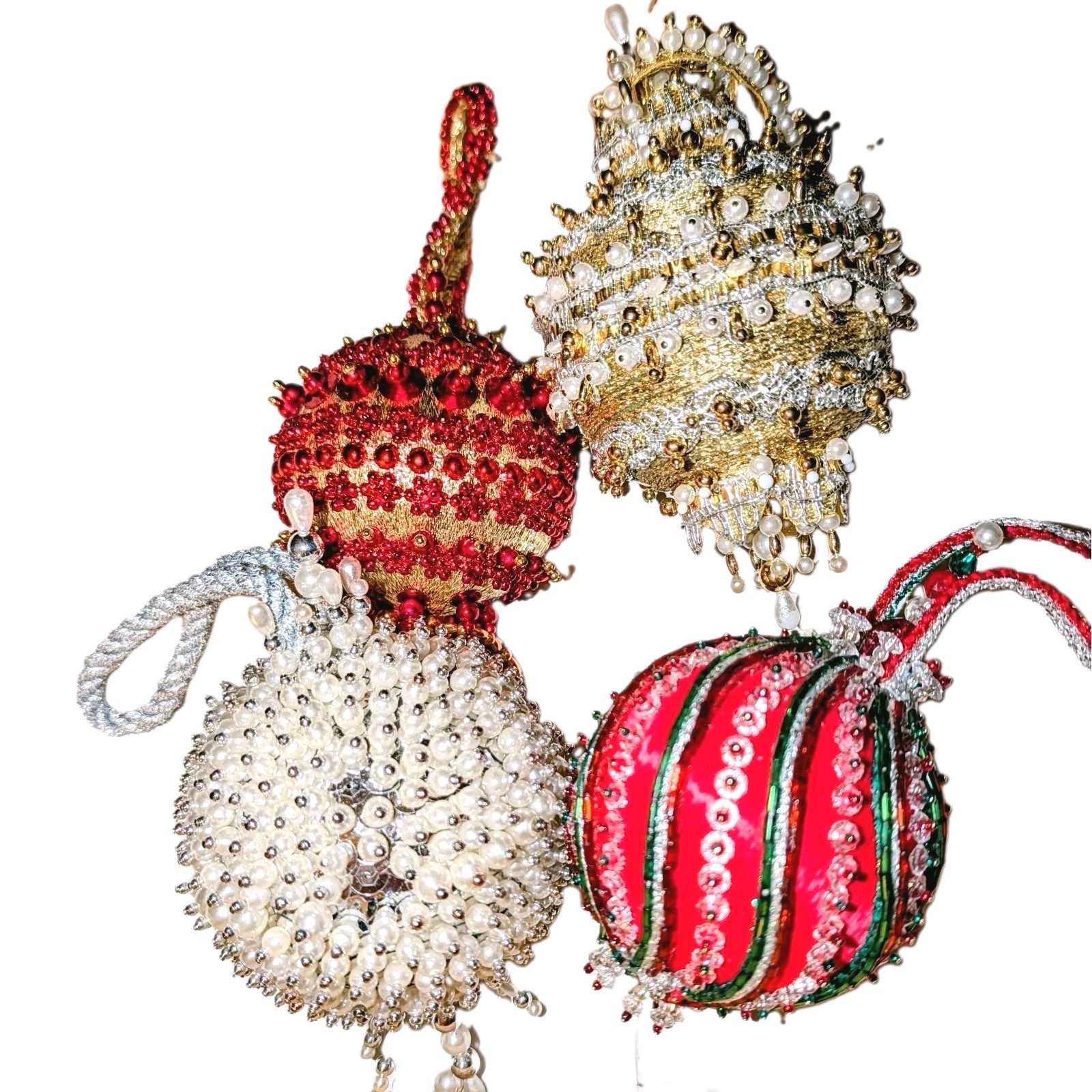 4 Vtg Push Pin Xmas Ornaments Completed Kit Beads Sequin Fancy Cracker Box Style
