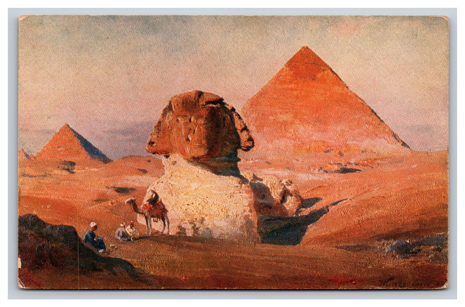 Great Sphinx And Pyramids Of Giza Egypt, Artist Signed Postcard