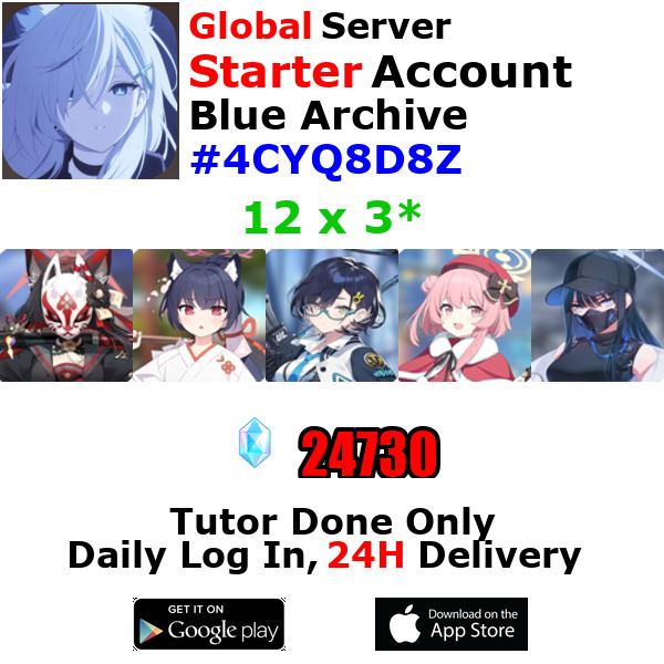 [Global] Blue Archive Starter Account 12x3* 24k+Pyroxene Wakamo #4CYQ
