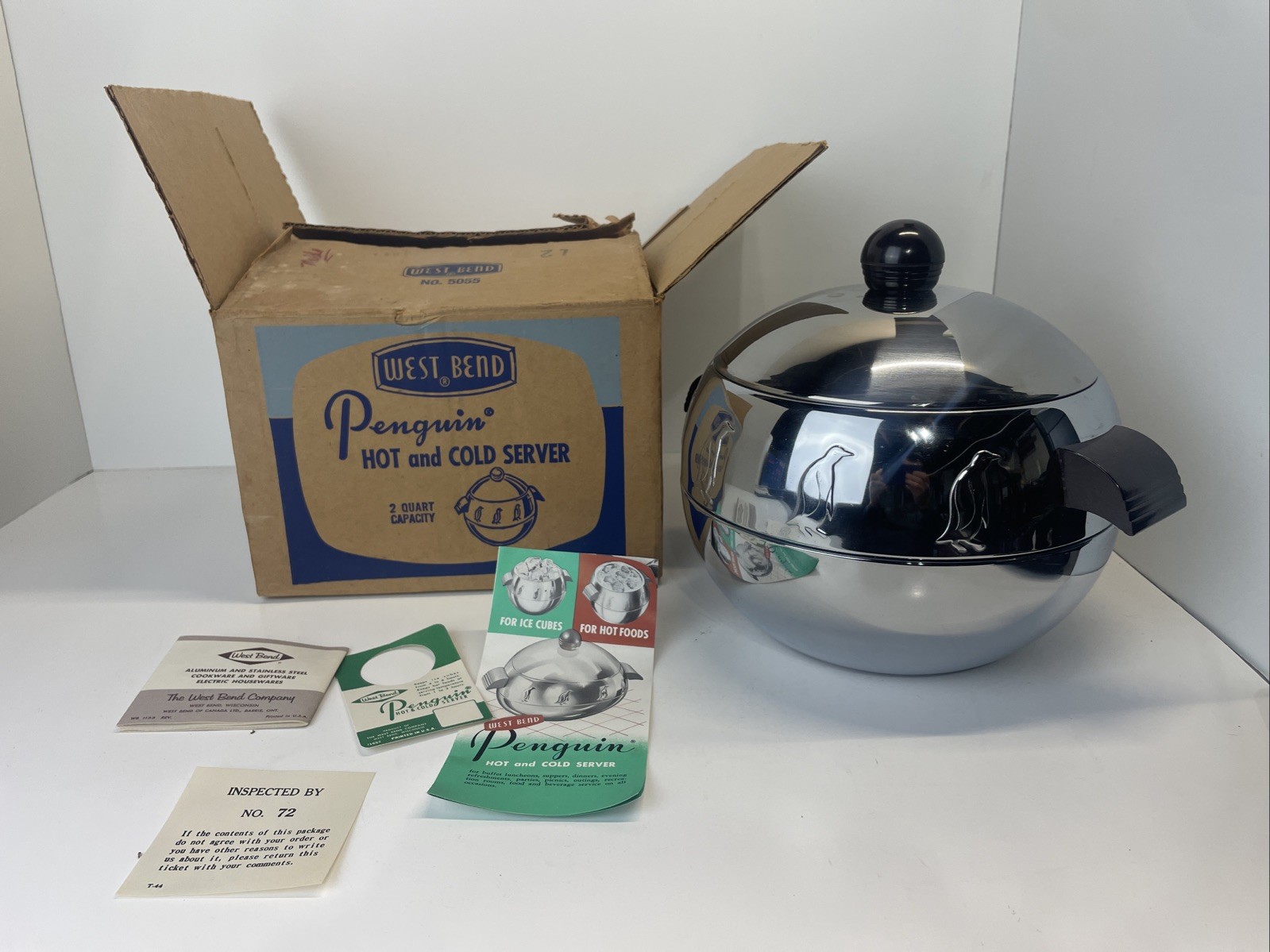 NEW OPEN BOX Vintage 2 Qt West Bend Penguin Hot & Cold Insulated Server MCM USA