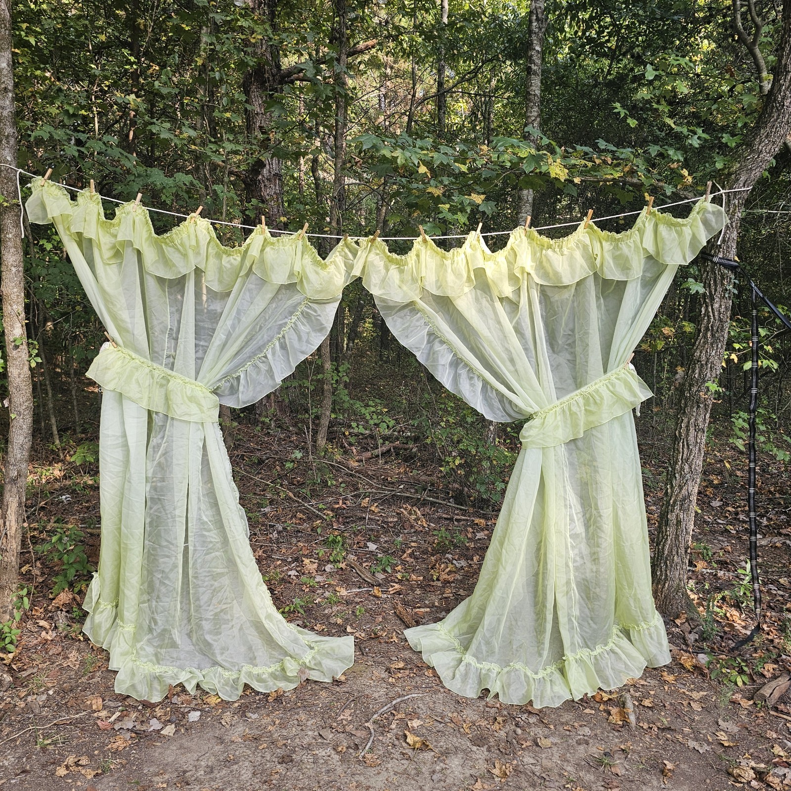 Vintage 1970s Sears Perma Press Yellow Green Ruffled Sheer Priscilla Curtains