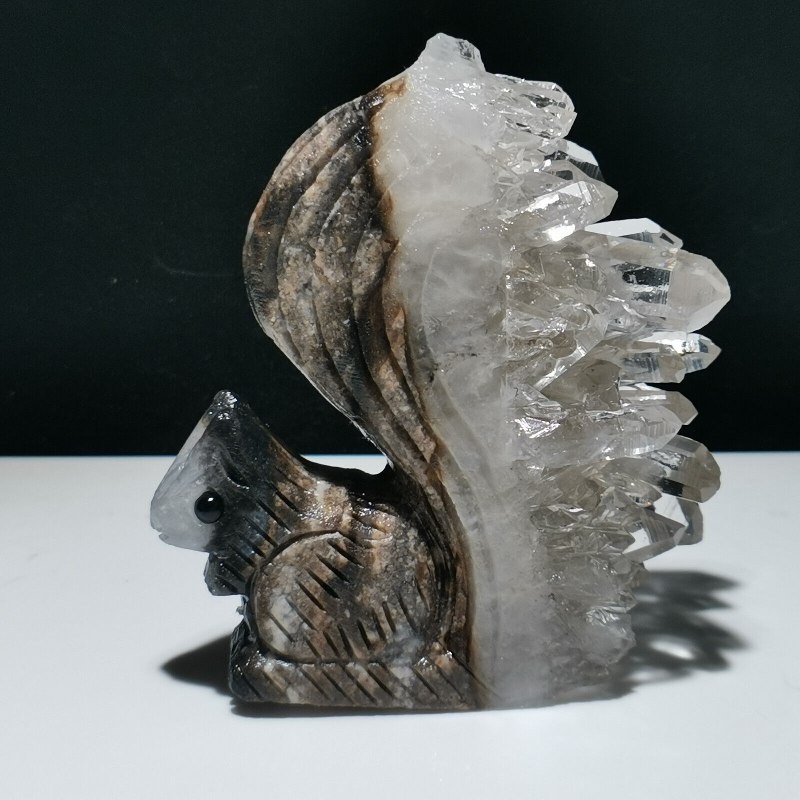 Natural Crystal Cluster Quartz Mineral Specimen,Hand Carved Squirrel Healing,A16