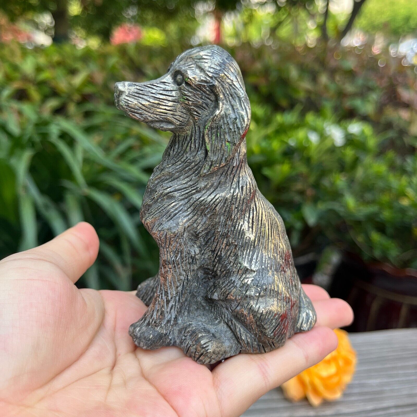 0.9LB3.8\'\' Pyrite Dog Animal Carvings Statue Quartz Healing Crystal Decor Gift