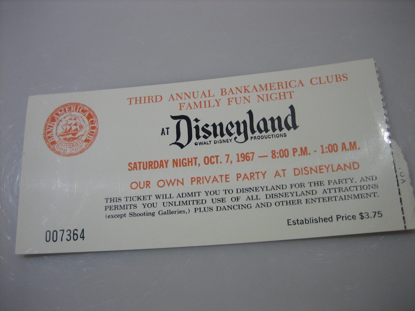 Vtg 1967 Disneyland Bank America Club Family Fun Night Admission Ticket