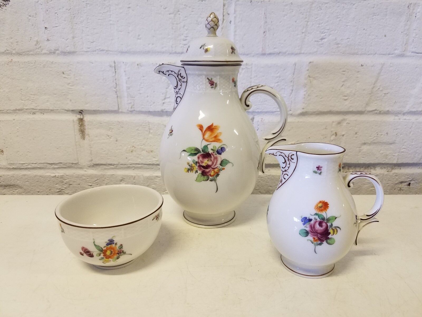 Vintage Antique Nymphenburg Porcelain Teapot, Sugar Bowl, and Creamer