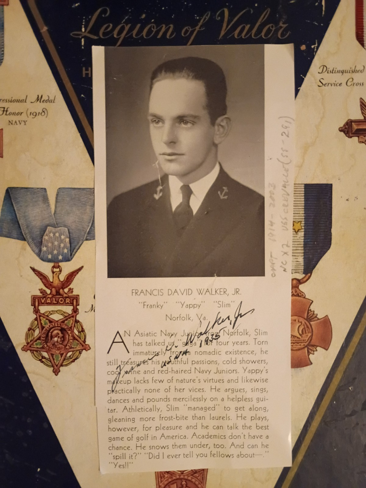 Capt. FRANCIS DAVID WALKER USS Crevalle (SS-291) NC x 2 Signed 1935 USNA Photo