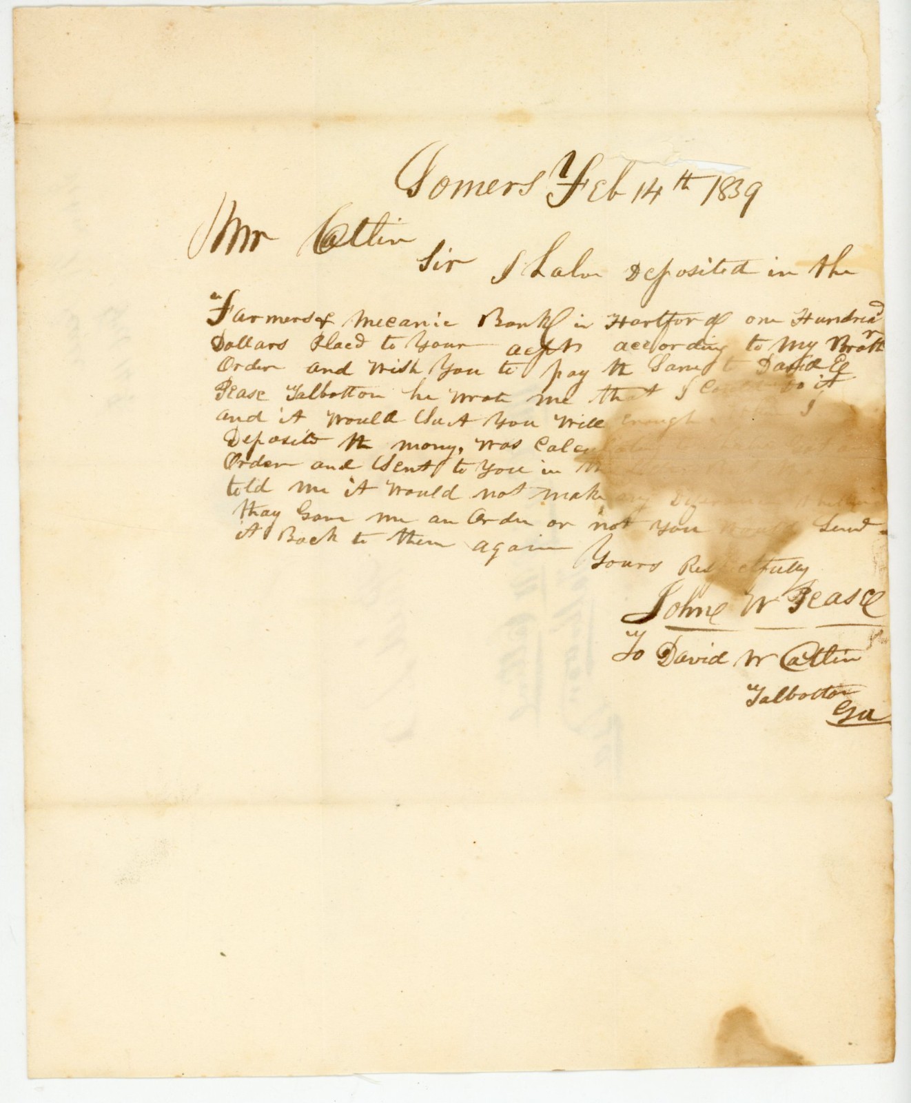 1839 Stampless Cover Letter Somerset CT to Talbotton GA Farmers Mechanics Bank 1839 Stampless Cover Letter Somerset CT to Talbotton GA Farmers Mechanics Bank