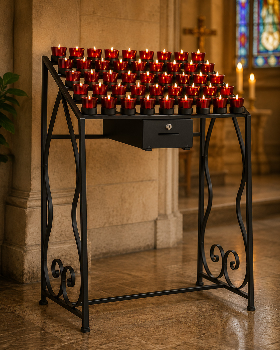 Wrought Iron 50 Cup Votive Candle Stand With Locking Offering Box