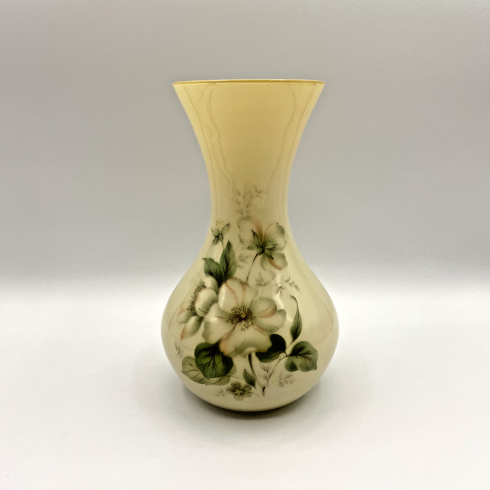 Vintage Italian Milky Glass Flower Vase Green Floral on  Gloss Biege
