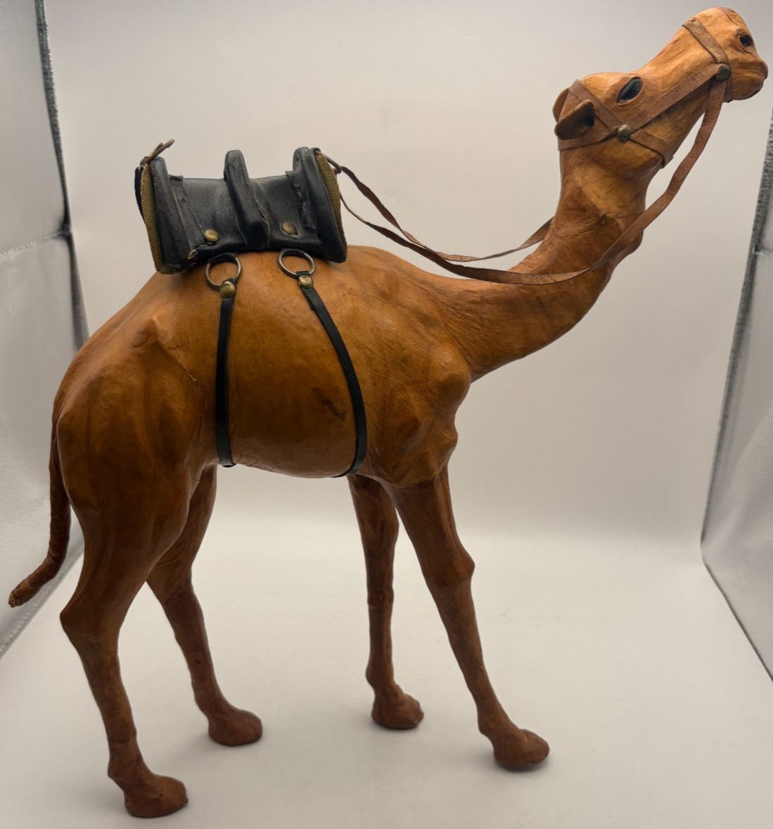 Vintage Leather Wrapped Camel Statue Figurine Dromedary w/ Saddle & Reins 