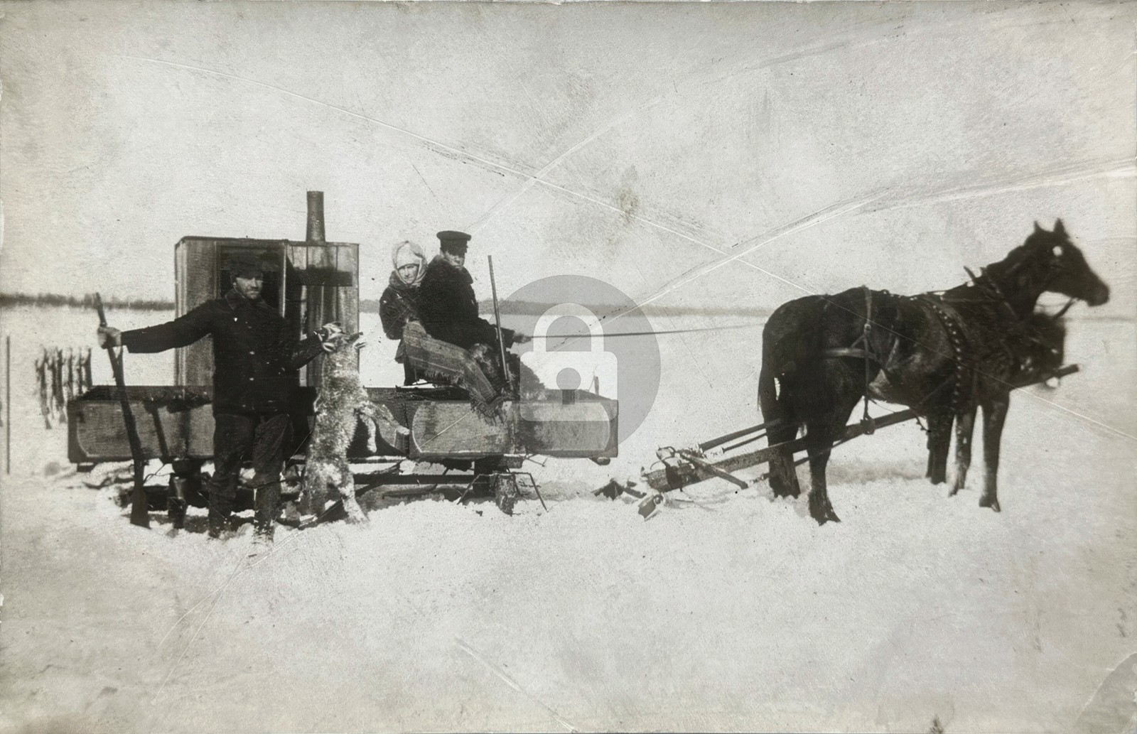 c1910 Wolf Hunt Horse Drawn Snow Sledge Shotgun Antque RPPC Photo Postcard COPY