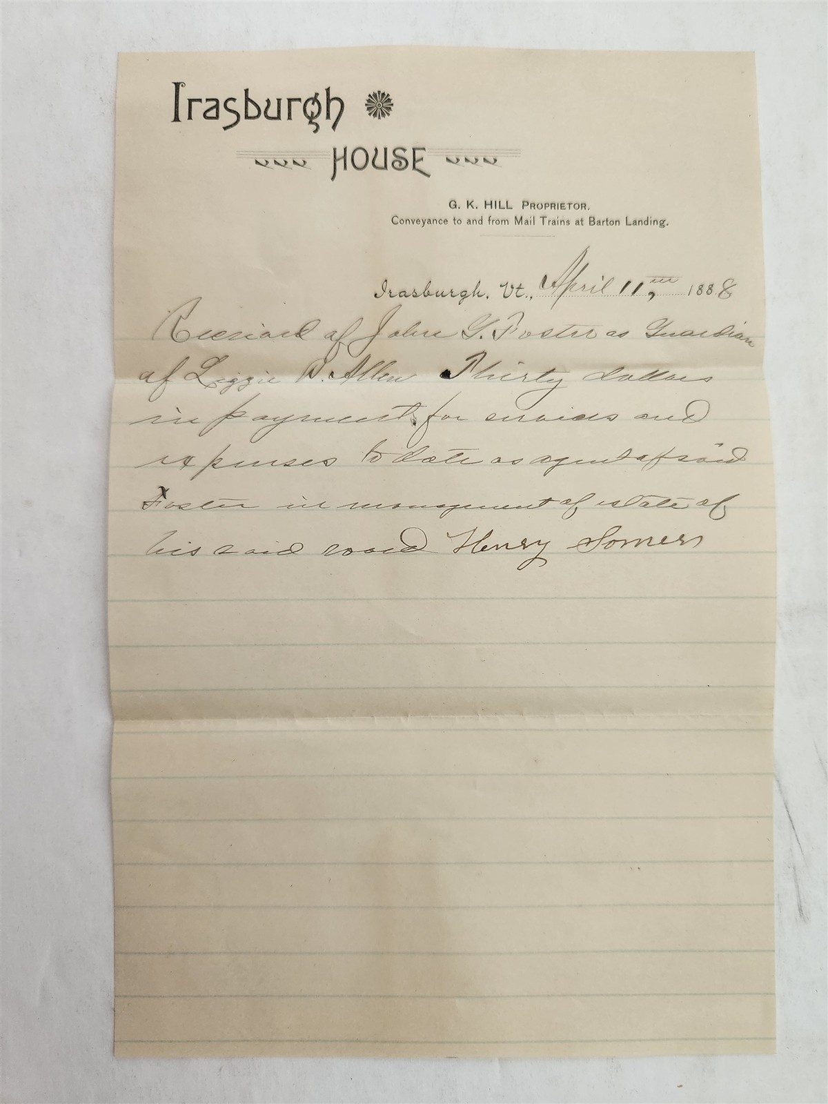 1888 antique IRASBURGH HOUSE irasburgh vt LETTERHEAD JOHN S FROST mail trains
