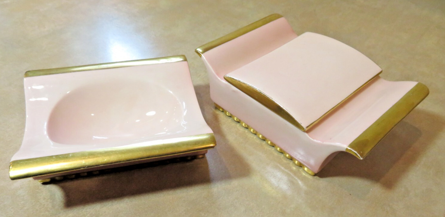 Vintage Carlton Ware Pink and Gold, Art Deco Cigarette Case and Ashtray Vintage Carlton Ware Pink and Gold, Art Deco Cigarette Case and Ashtray