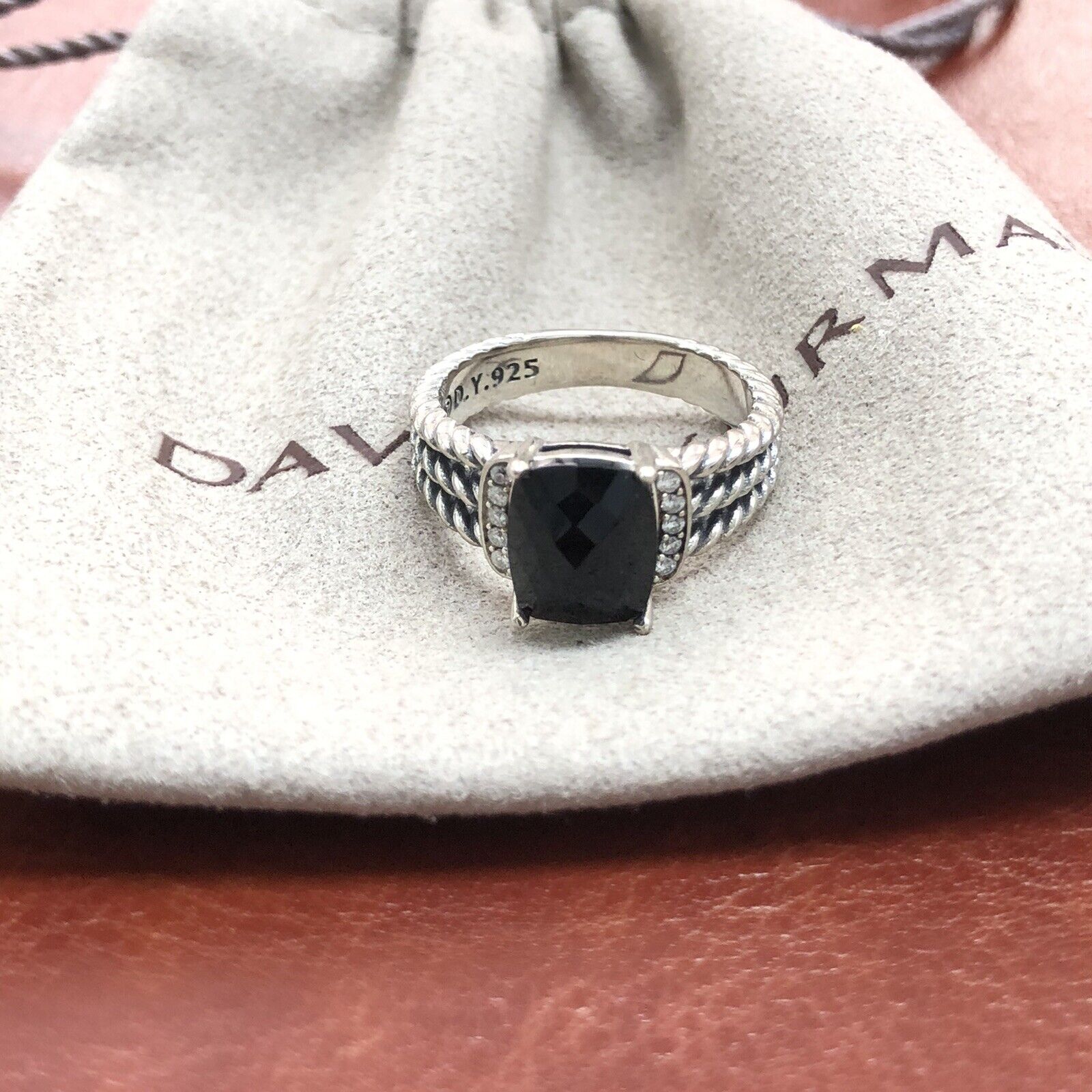 David Yurman Sterling Silver Petite Black Onyx & Diamond Wheaton Ring Size 8