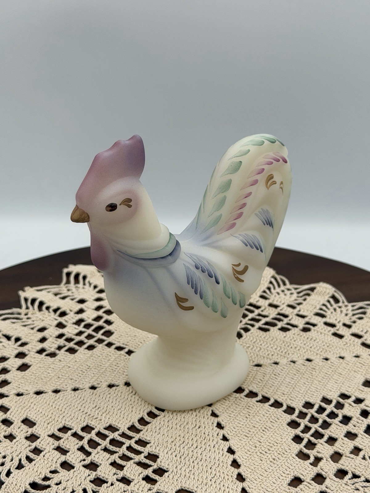 Fenton Rooster 5 1/2” Opal Satin Hand Painted & Signed