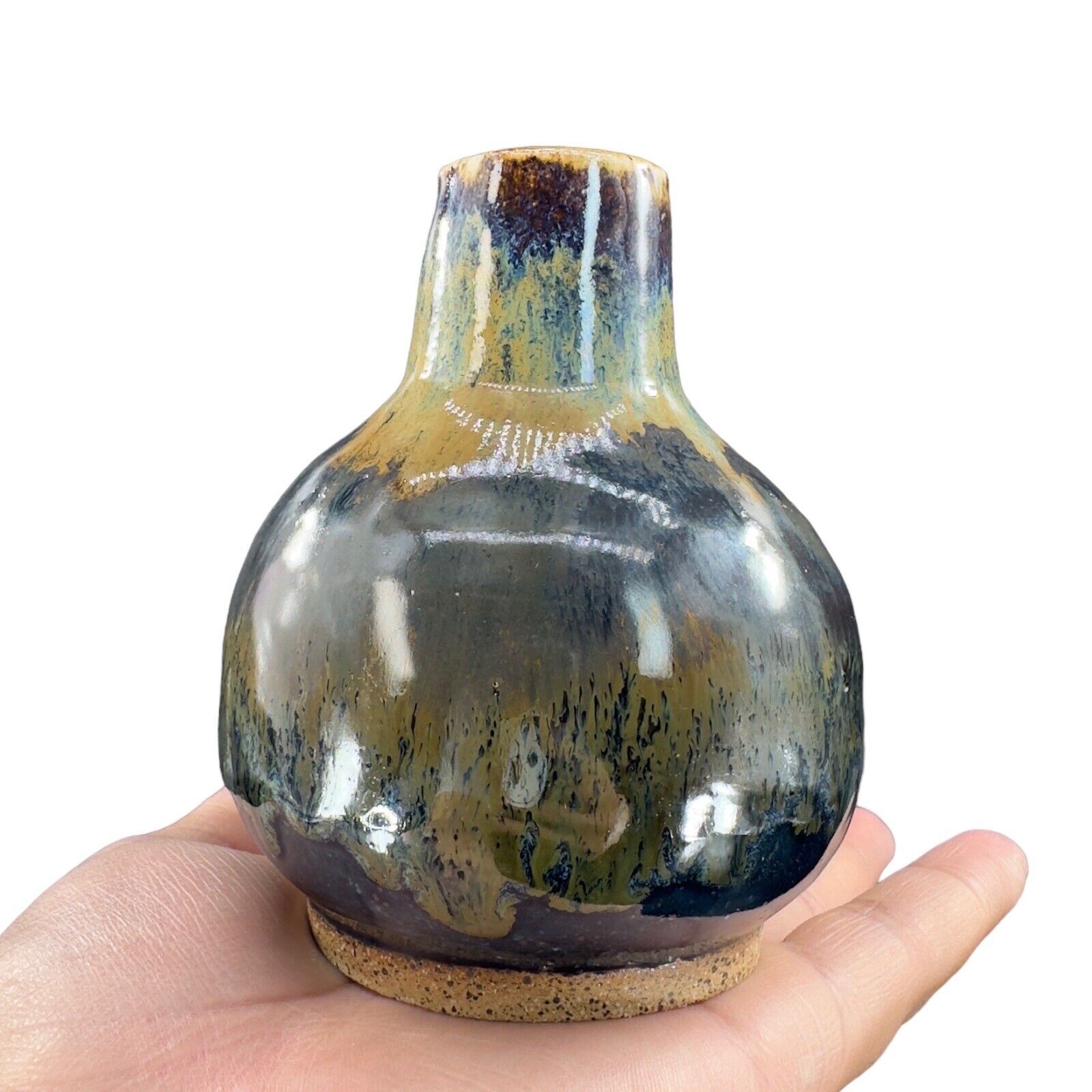 Vintage Hand Made Stoneware Art Pottery Vase Multicolor Drip Glaze Marked Bottom