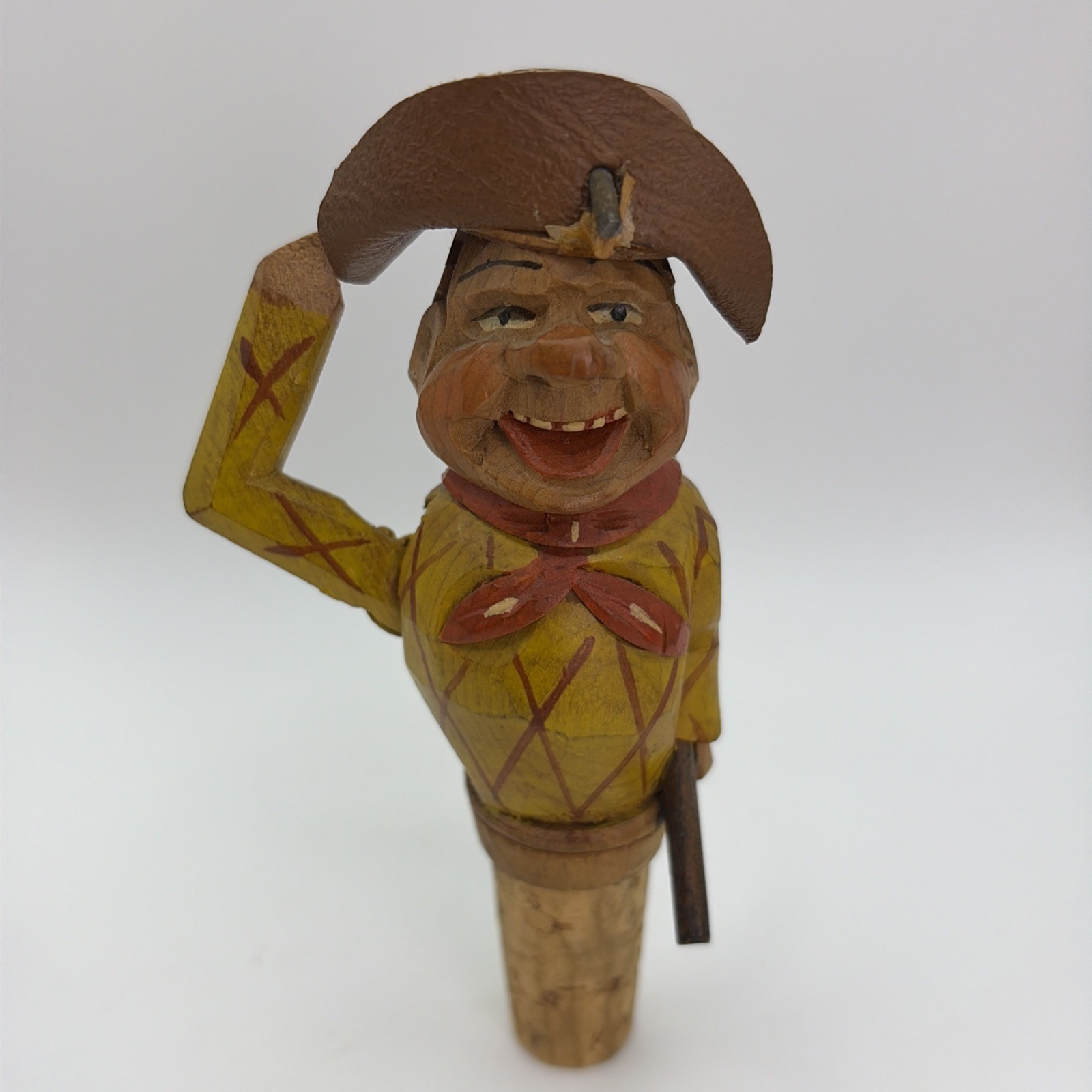 Vintage Hand Carved Wooden Cowboy Bottle Stopper Folk Art Western Cork