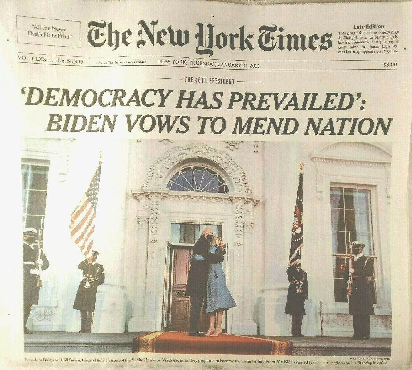 The New York Times NYT Newspaper 11/21/21 Joe Biden Inauguration January 21 2021