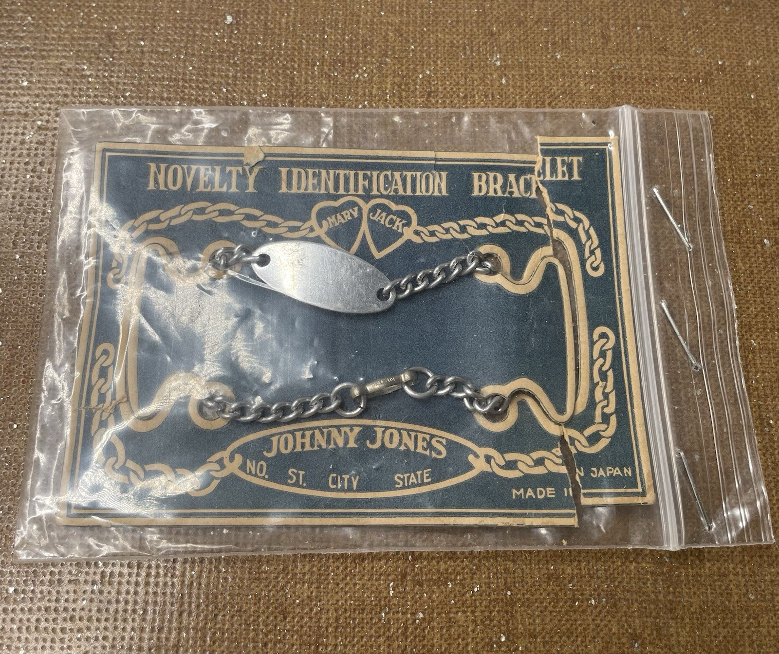 Vintage 1950 Childrens Novelty Indentification ID Bracelet on Card Johnny Jones 