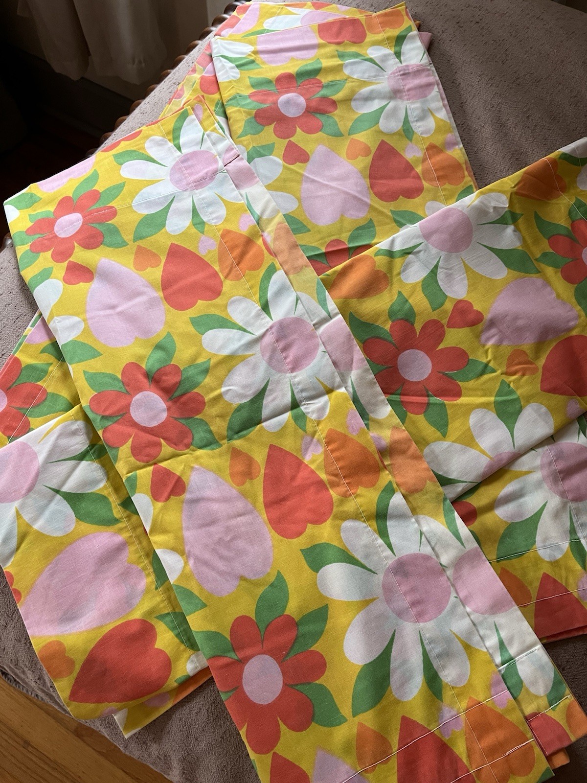 Vintage 70s Flower power Hearts Curtains Orange Yellow Green pink 4 rod Panels Vintage 70s Flower power Hearts Curtains Orange Yellow Green pink 4 rod Panels