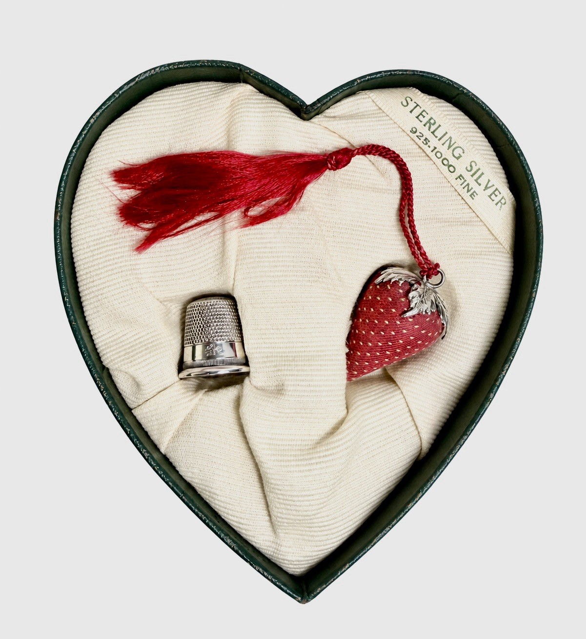 Antique Victorian Sterling Silver Sewing Set Heart Box Strawberry Emery Thimble