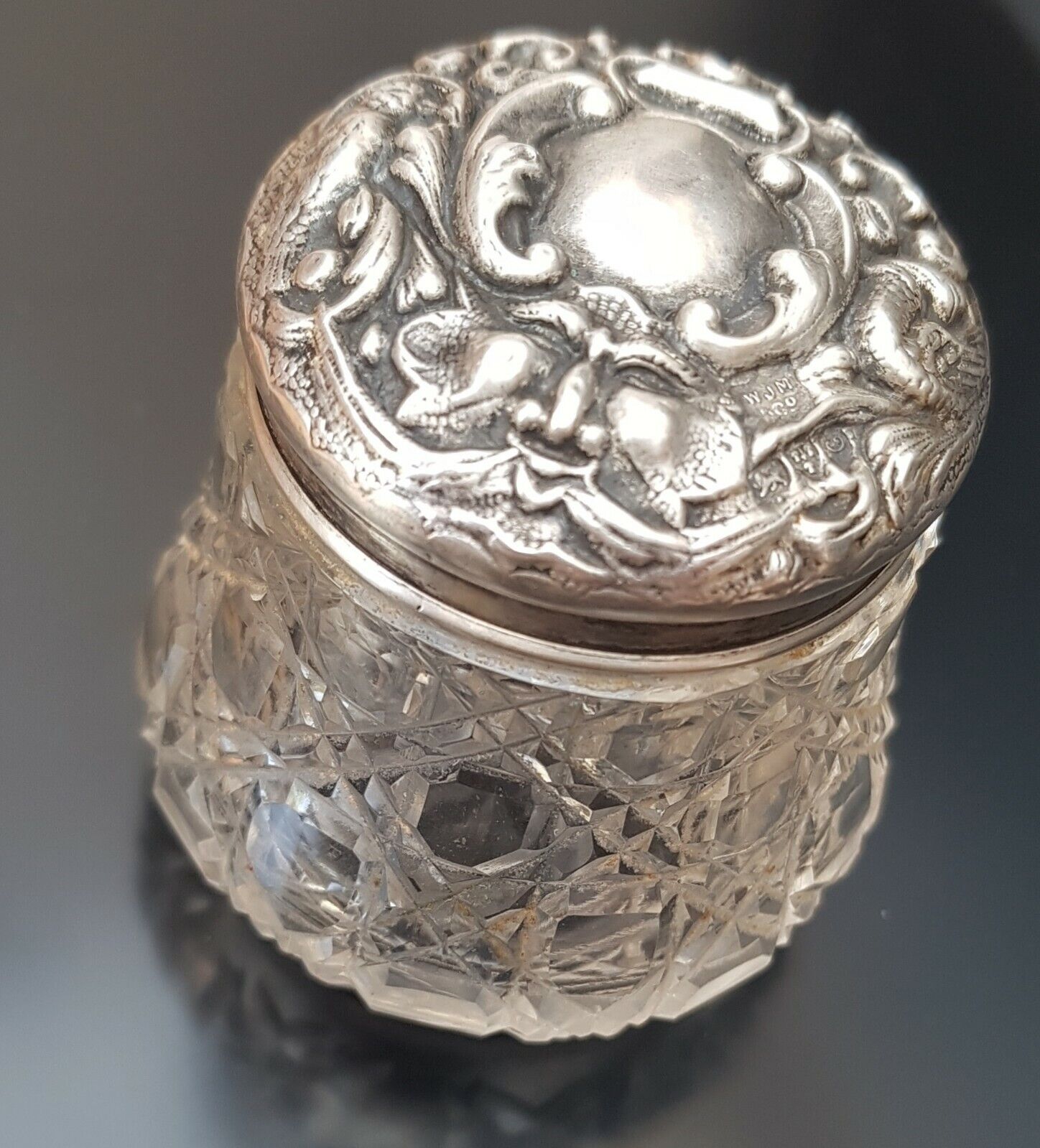 Antique Edwardian 1903 Sterling Silver Topped Crystal Dressing Table Jar