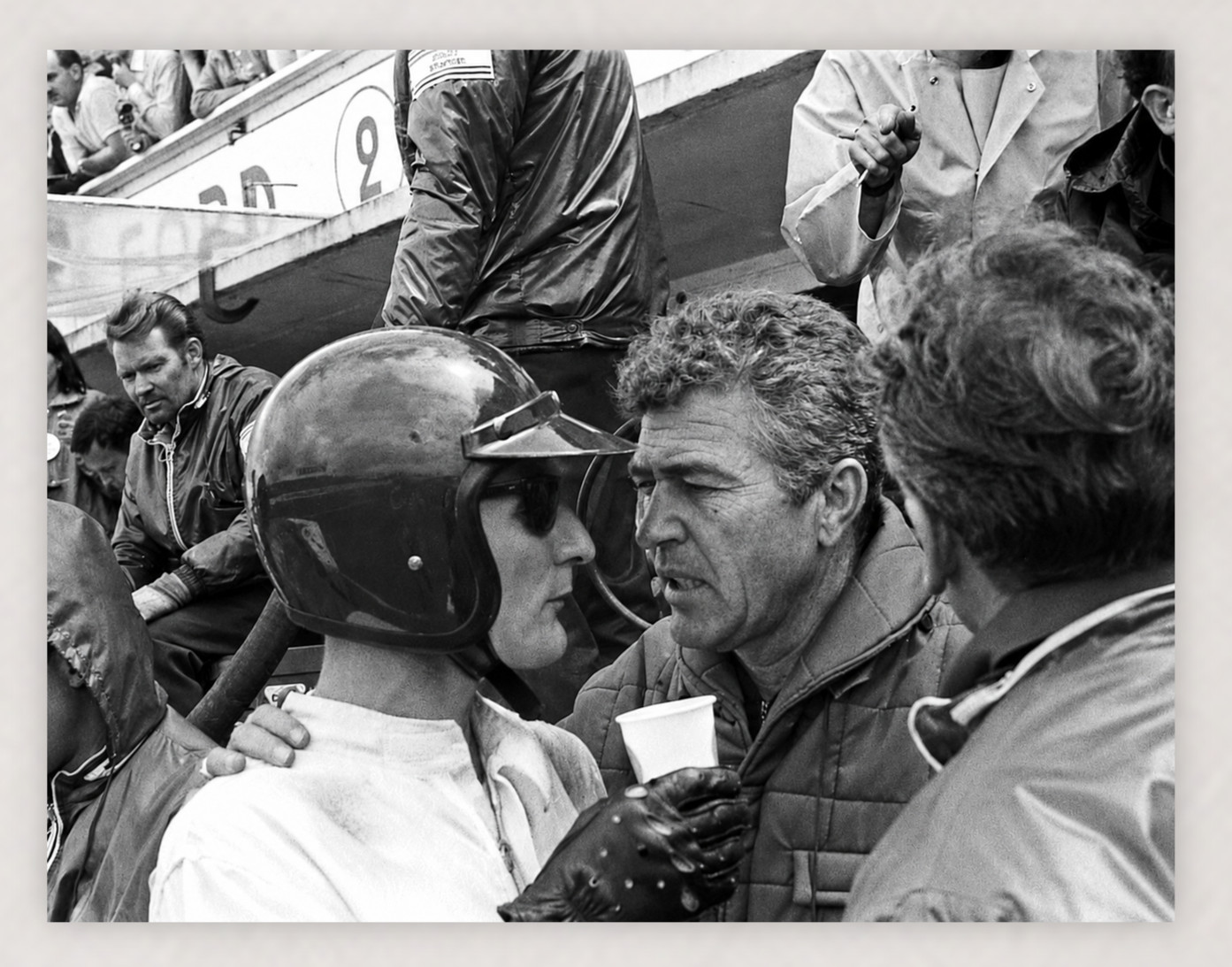 11X8.5 1966 KEN MILES W/ TEAM MANAGER CARROLL SHELBY FORD PHOTO REPROD PRINT
