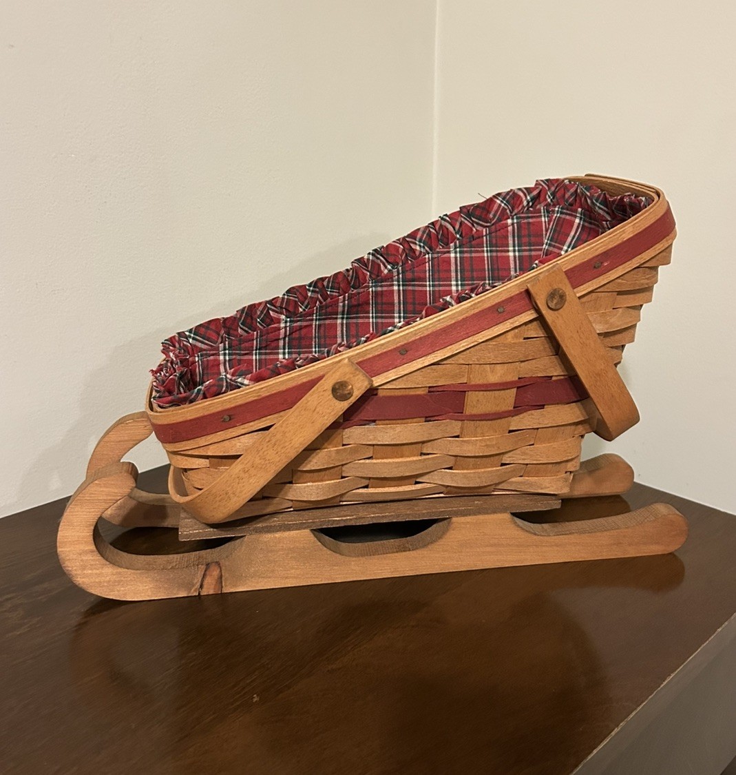 1991 Longaberger Yuletide Traditions Sleigh Basket Wooden Rails Stand & Liner