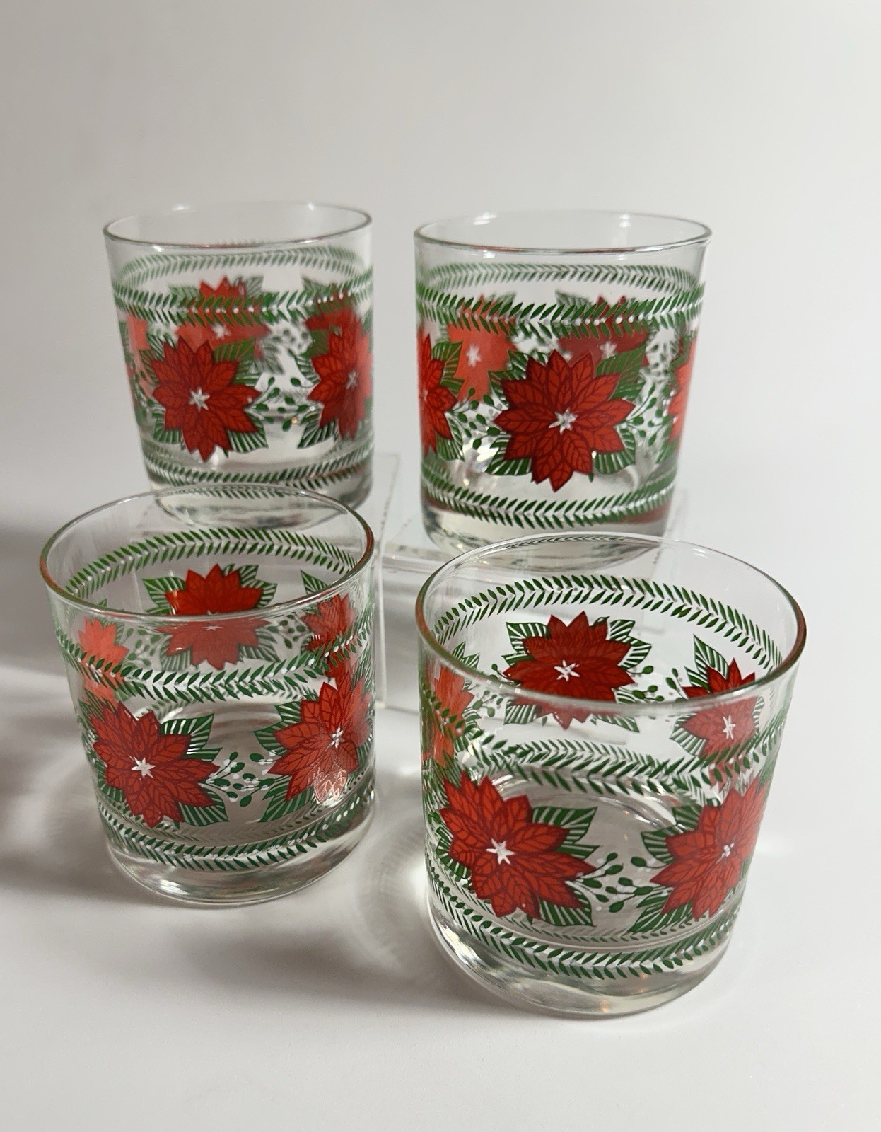 4 VTG Hallmark Poinsettia Christmas 8 oz Lowball / Rocks Cocktail Glasses 1975