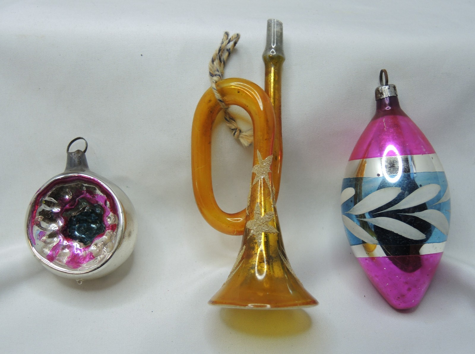(3) Antique Christmas Ornaments Small Indent Silver * Teardrop & Trumpet  Horn