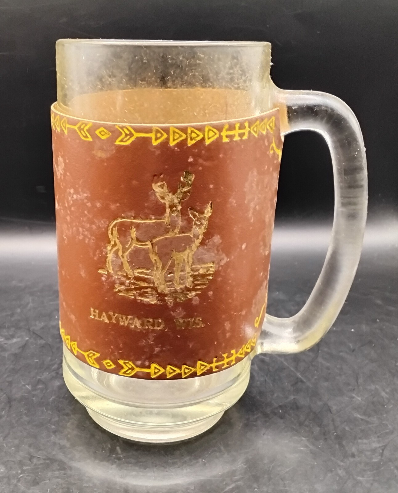 (BC) Vintage Hayward Wisconsin Glass Souvenir Mug Leather Wrapped