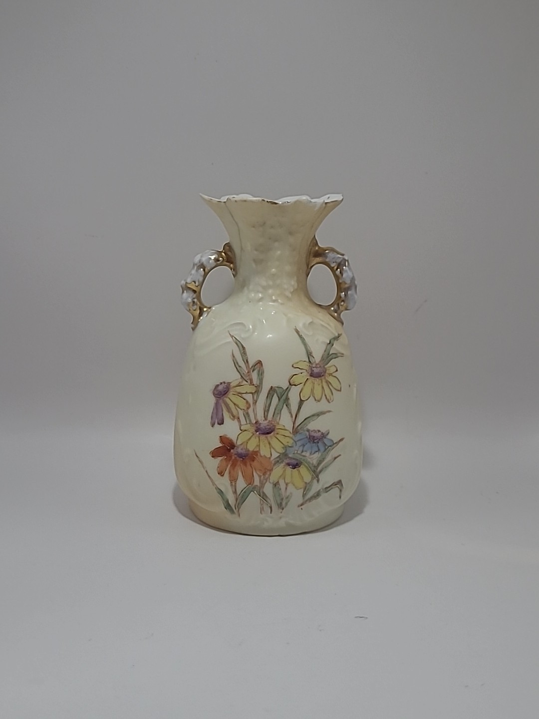 Antique 19th Century RW Rudolstadt Hand Painted Flowers Handled Mini Vase