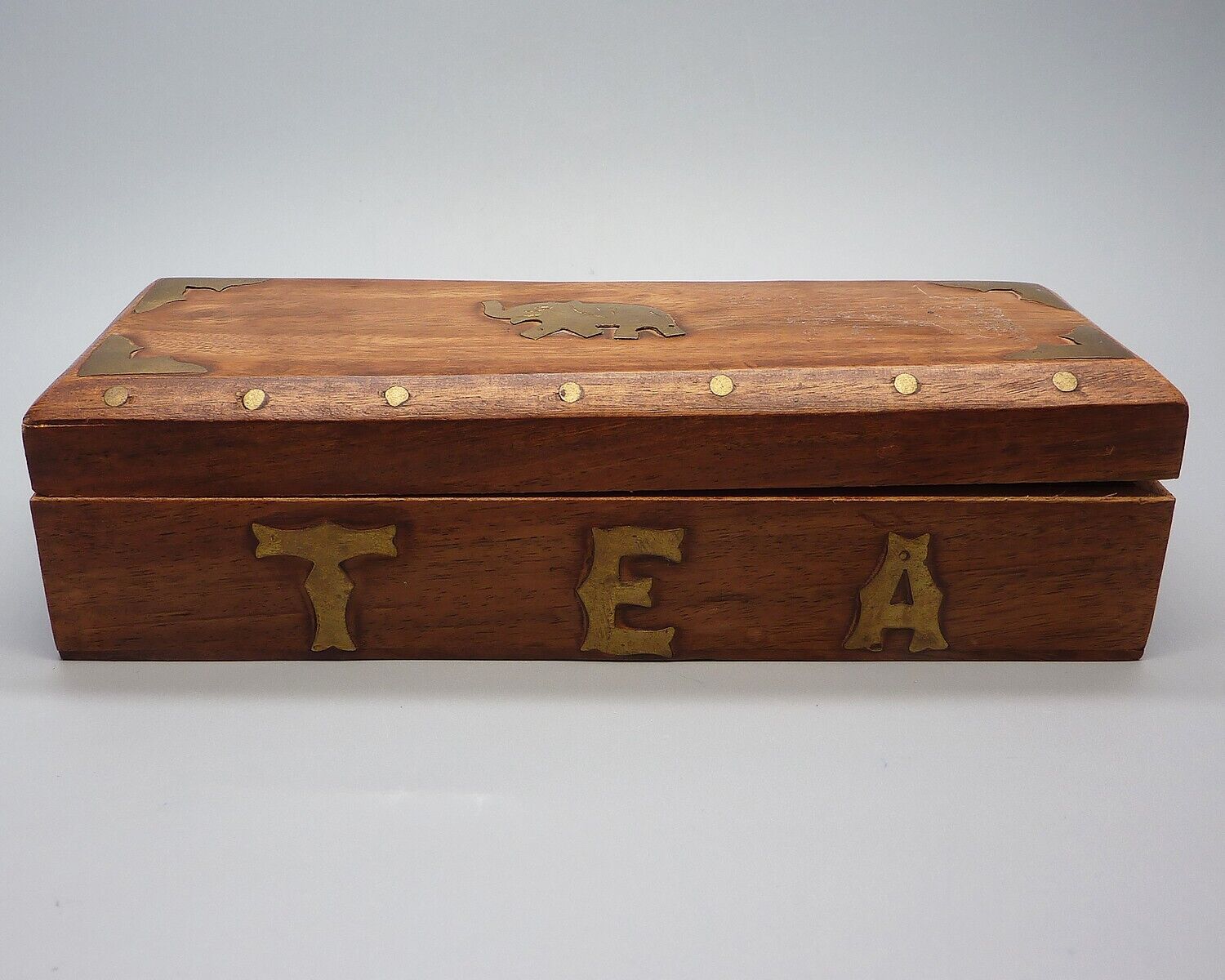 Prestigious Handcrafted Darjeeling Wood Tea Trinket Box W/Gold Tone Elephant