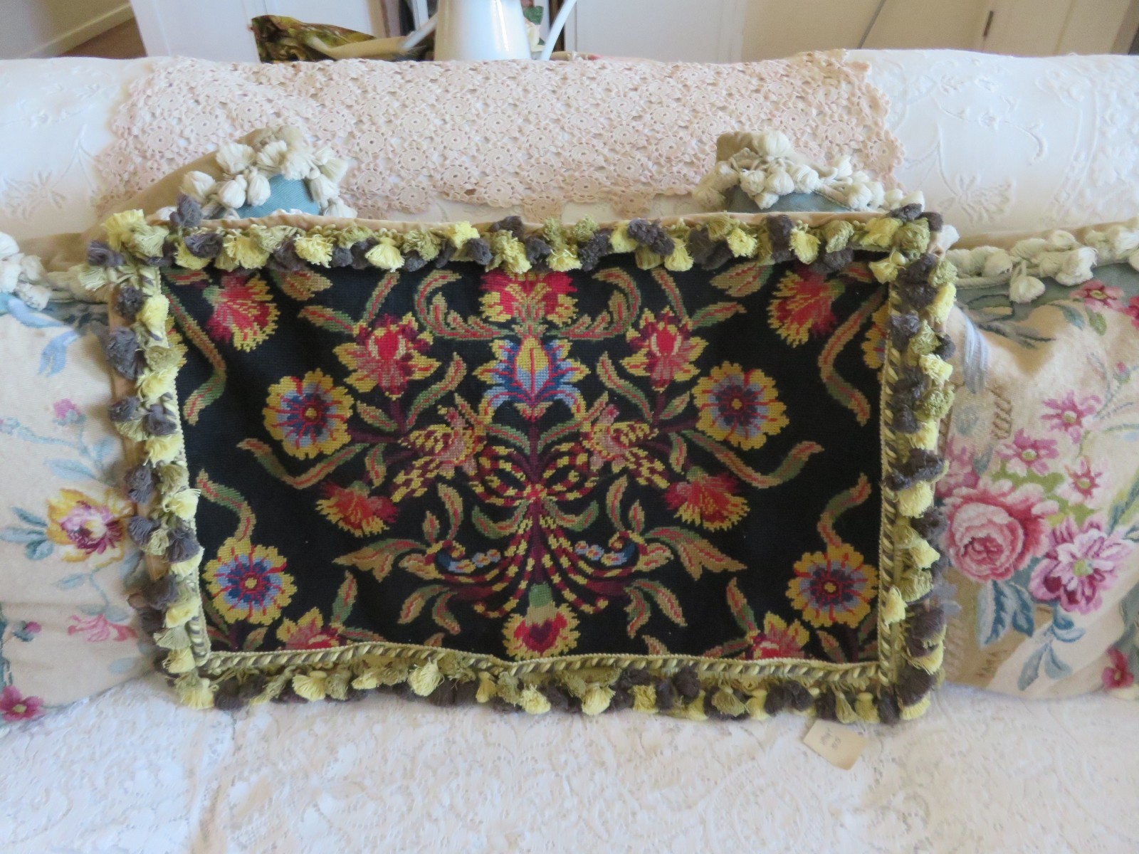 Aubusson style Needlepoint Pillow Folk Art on BLACK NWOT w Florals & Fringe
