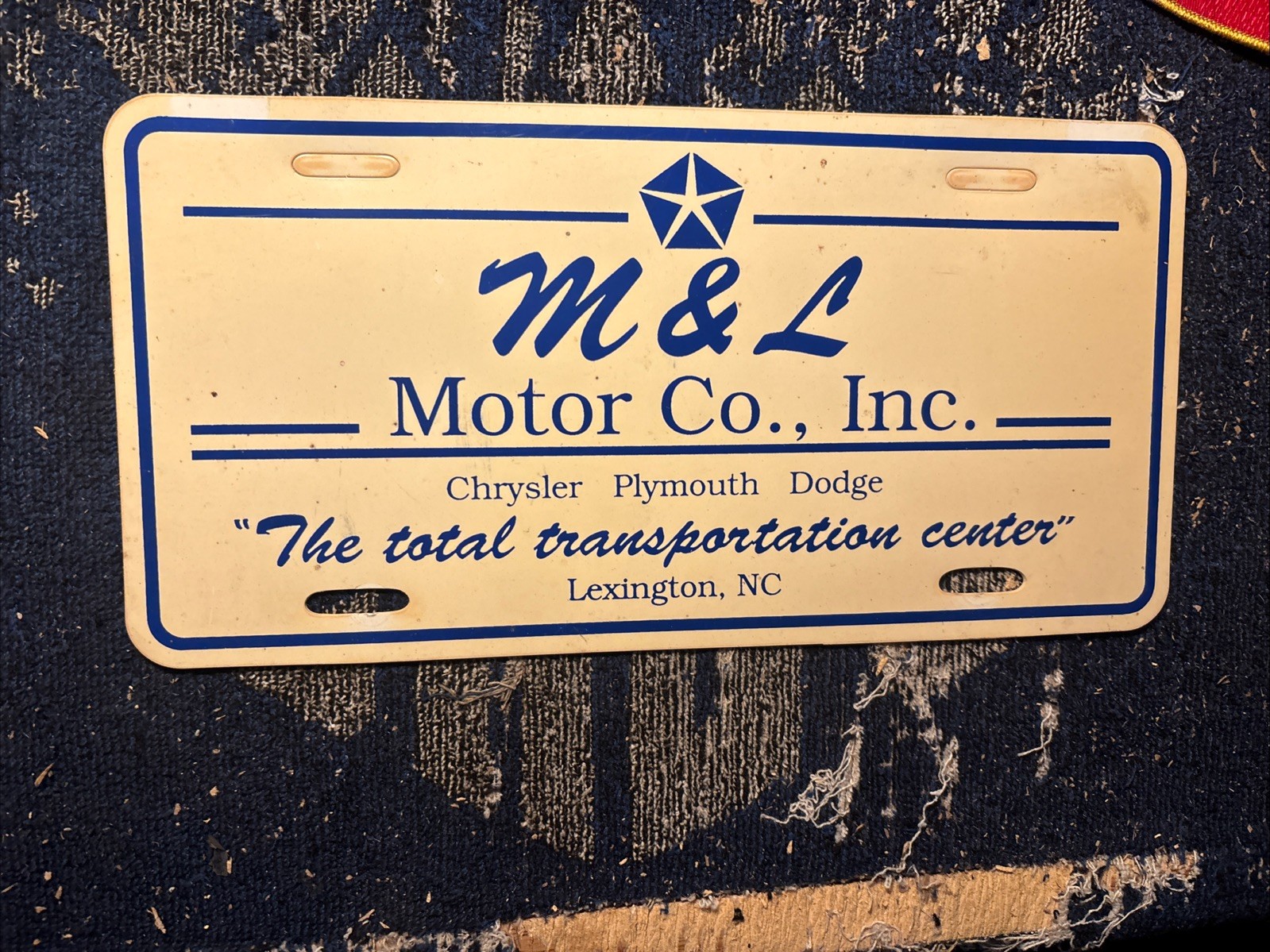 Plastic Dealership License Plate M & L  Chrysler Plymouth Dodge Lexington NC