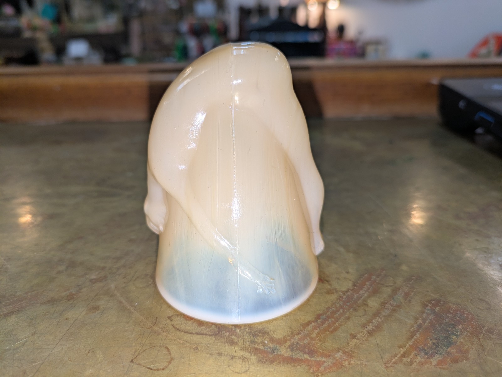 Vintage McKee Bottoms Up Shot Glass Caramel Slag Custard Nude Pat 77725 UV Glow