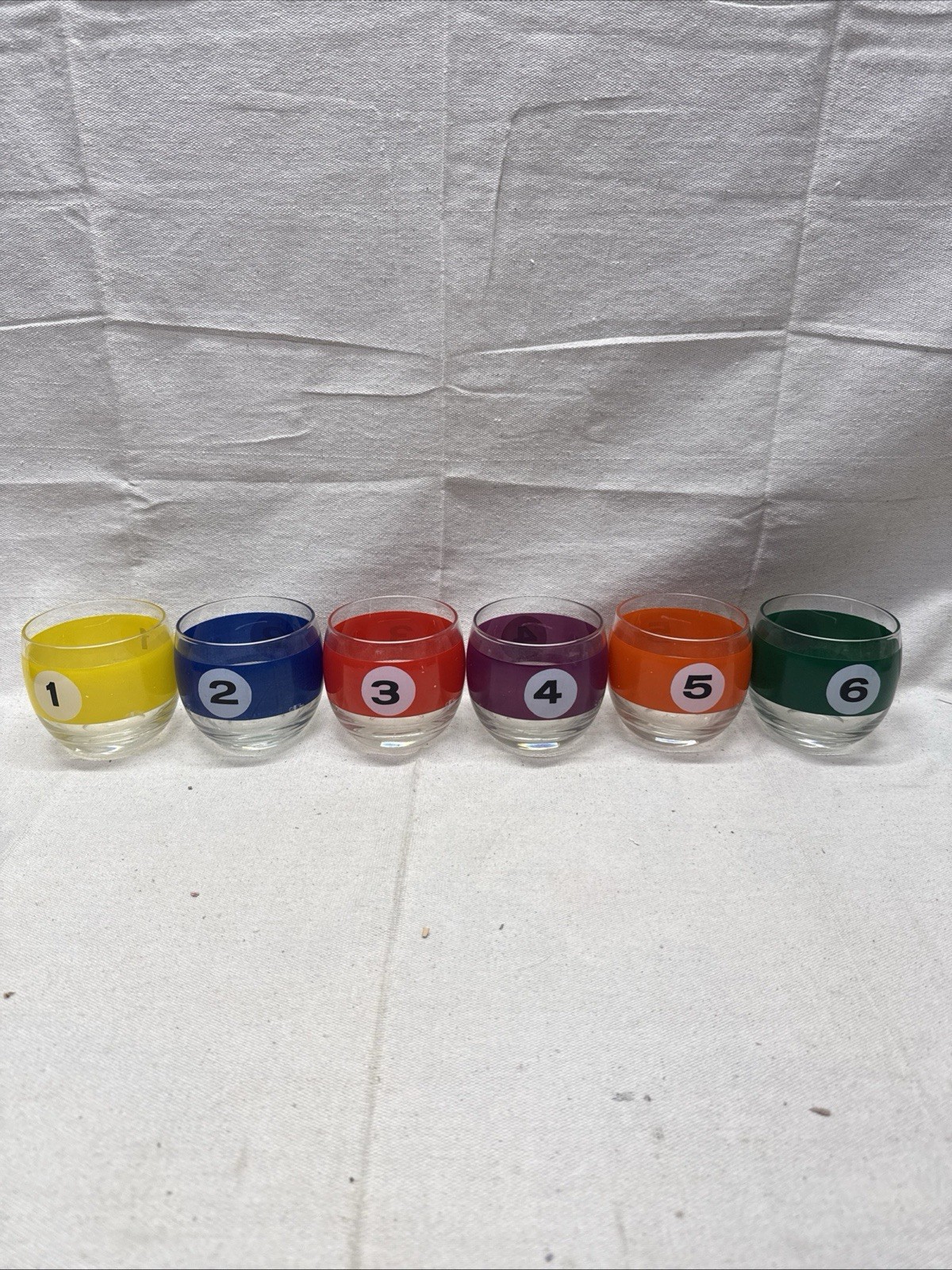 Vintage MCM Cera Roly Poly Billiard Lowball Cocktail Glasses Pool Balls Set