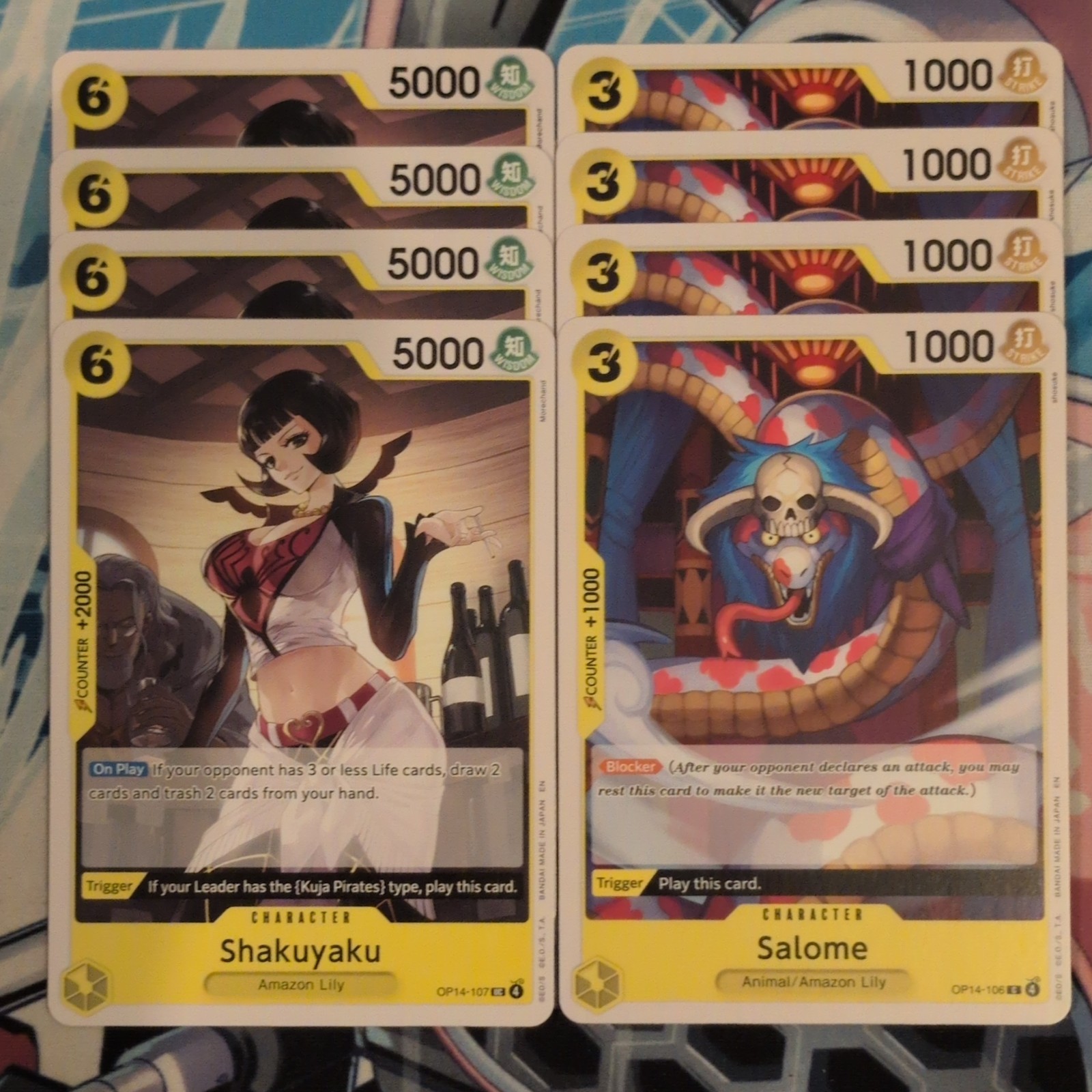4 x Shakuyaku OP14-107 UC & 4 x Salome 106 C - One Piece Mint Playsets 4 x Shakuyaku OP14-107 UC & 4 x Salome 106 C - One Piece Mint Playsets