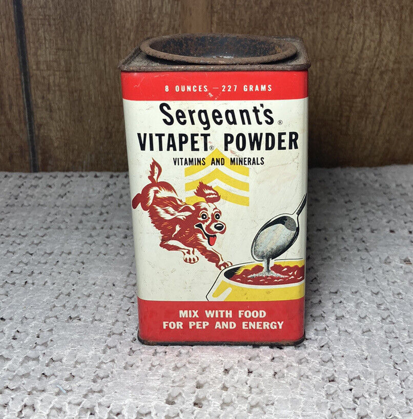 Sergeant’s Vitapet Powder Vintage Tin Advertisement Dog Graphics 8oz Square Can