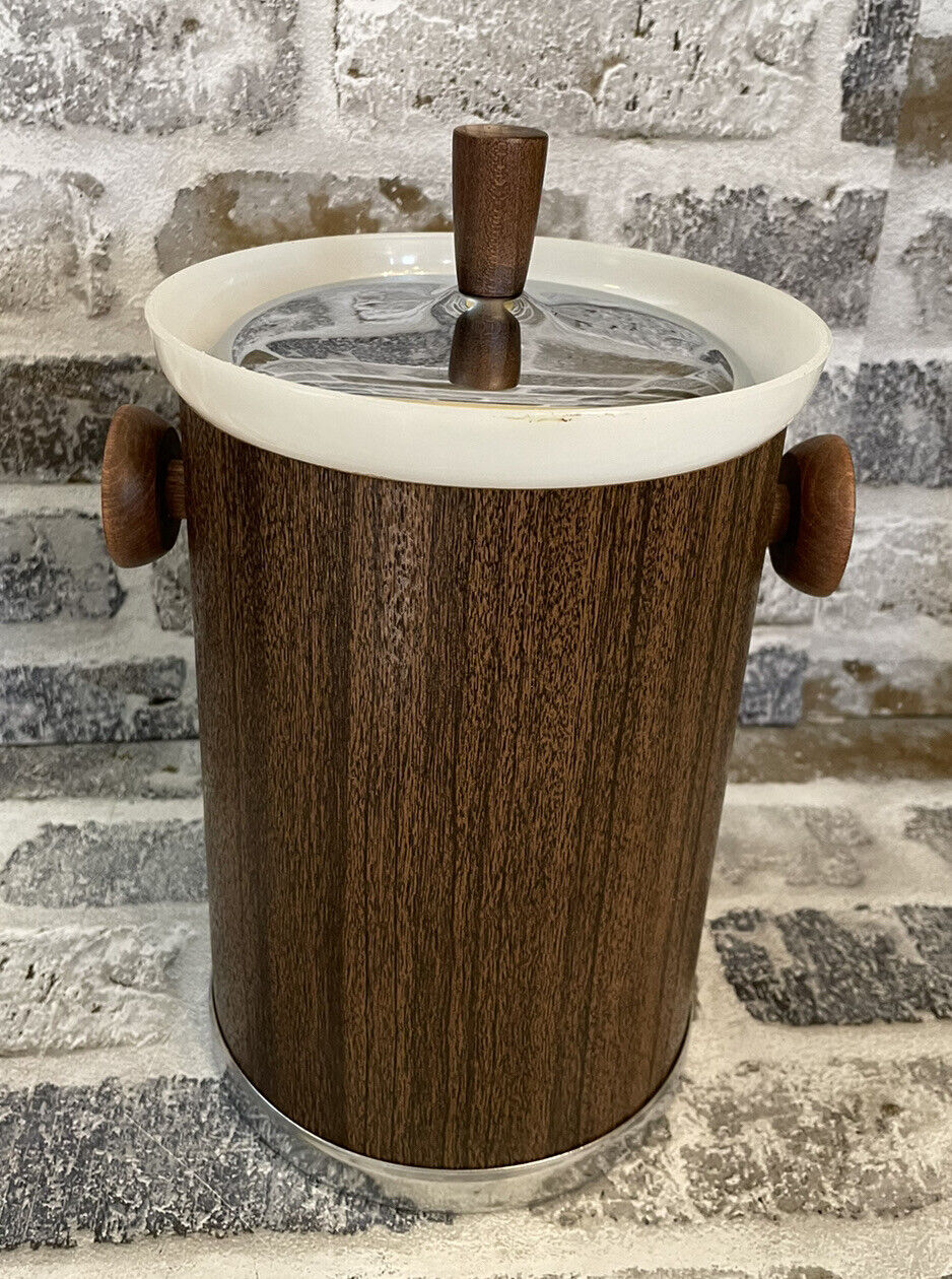 Vintage MCM Kromex Wood Pattern Ice Bucket with Chrome Lid & Wood Handles 10”