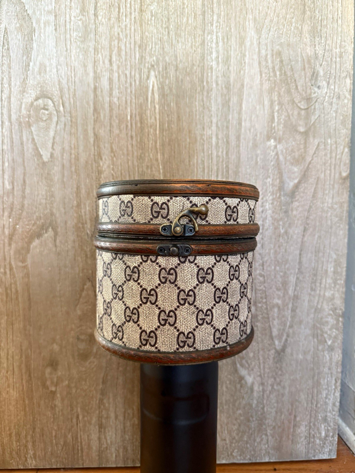 vintage 70s Gucci round Monogram Trinket Box Wood Trim Lidded Latch Velvet Lined