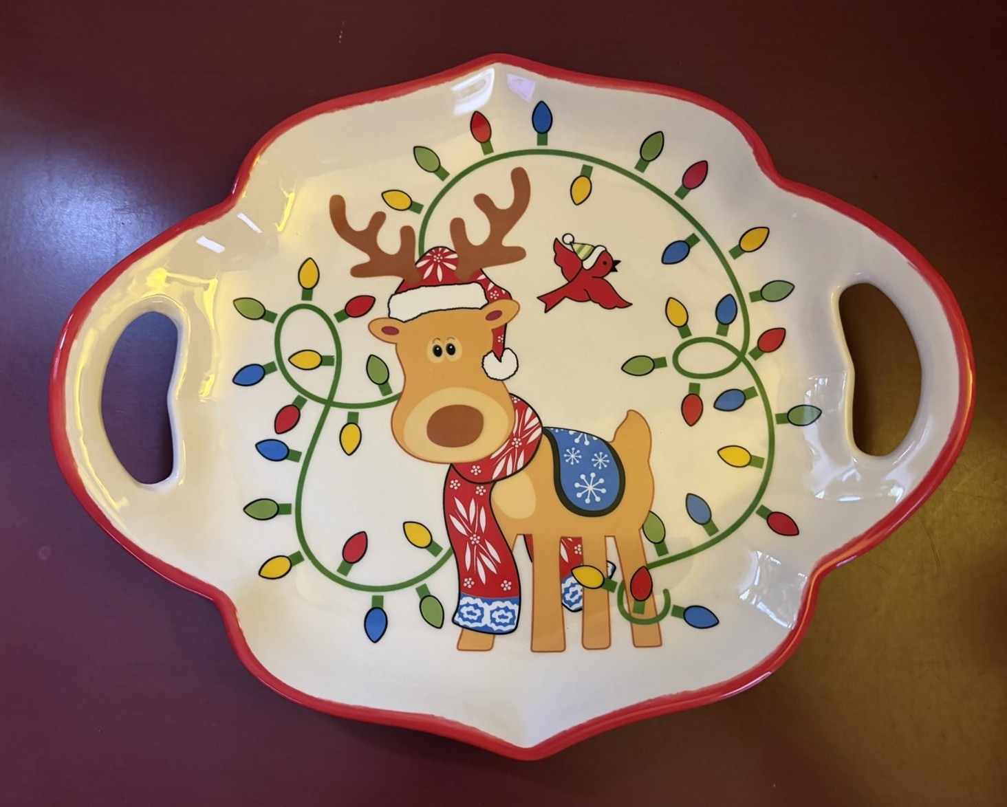 Temp-tations By Tara Ceramic Christmas Serving Platter Reindeer Lights Tray Mini