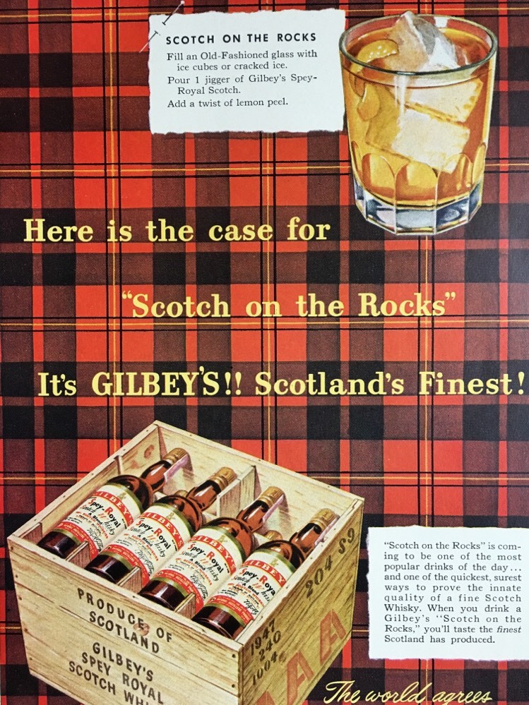 1950 Vintage  On The Rocks Drink Gilbey\'s Scotch Scotland Colorful Tartan Ad