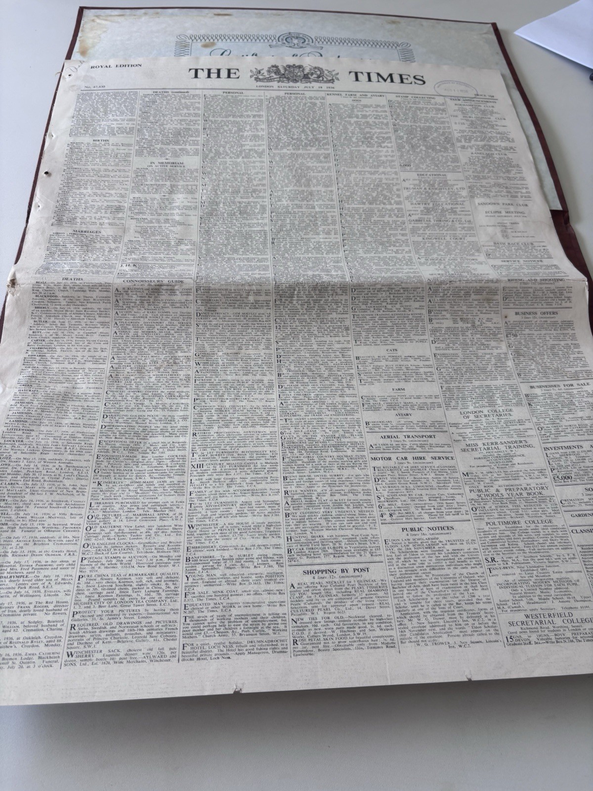Vintage 1930s Newspaper The Times Royal Edition Saturday July 18 1936 London