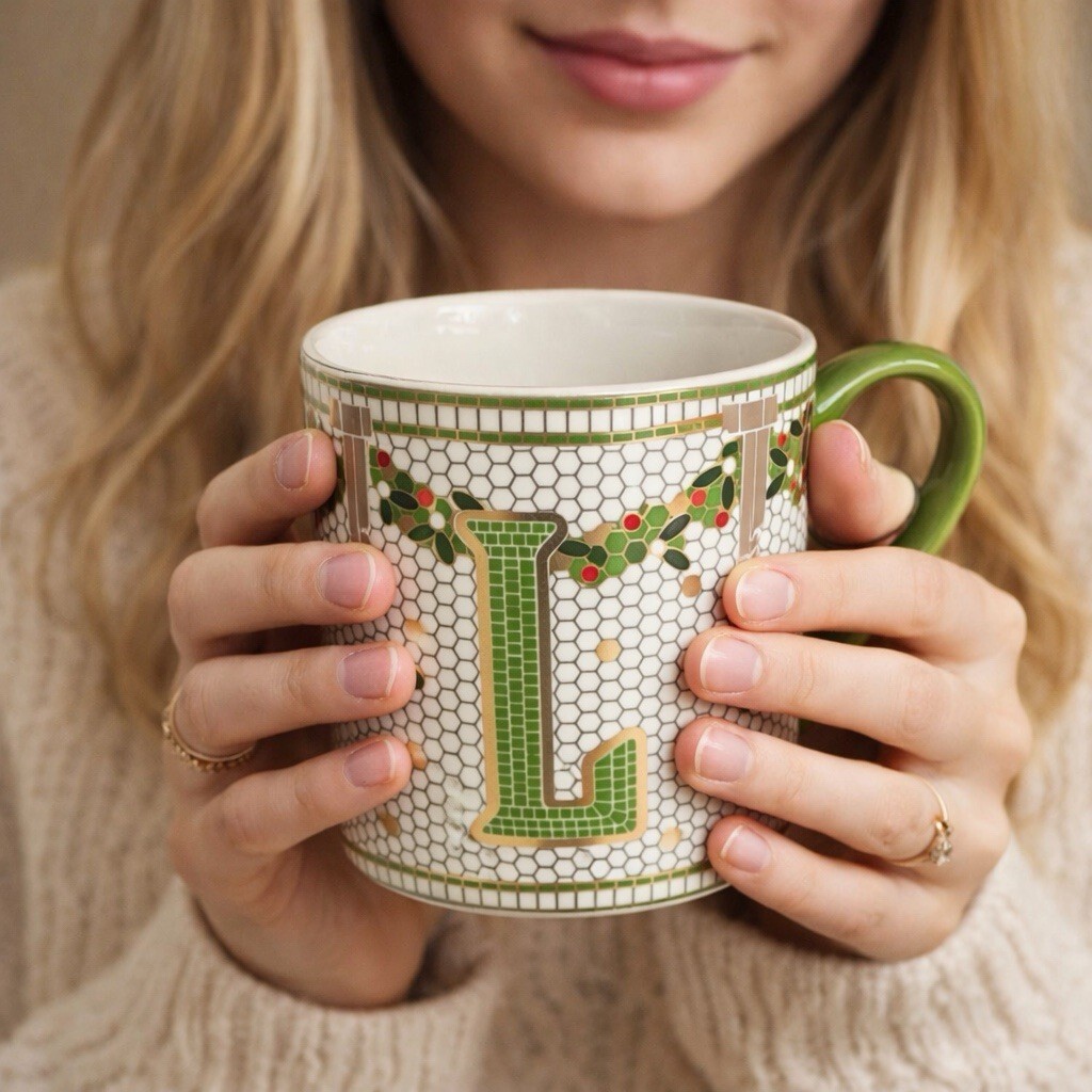 Anthropologie Festive Bistro Tile Monogram Mug Winter Holiday Letter L Anthropologie Festive Bistro Tile Monogram Mug Winter Holiday Letter L